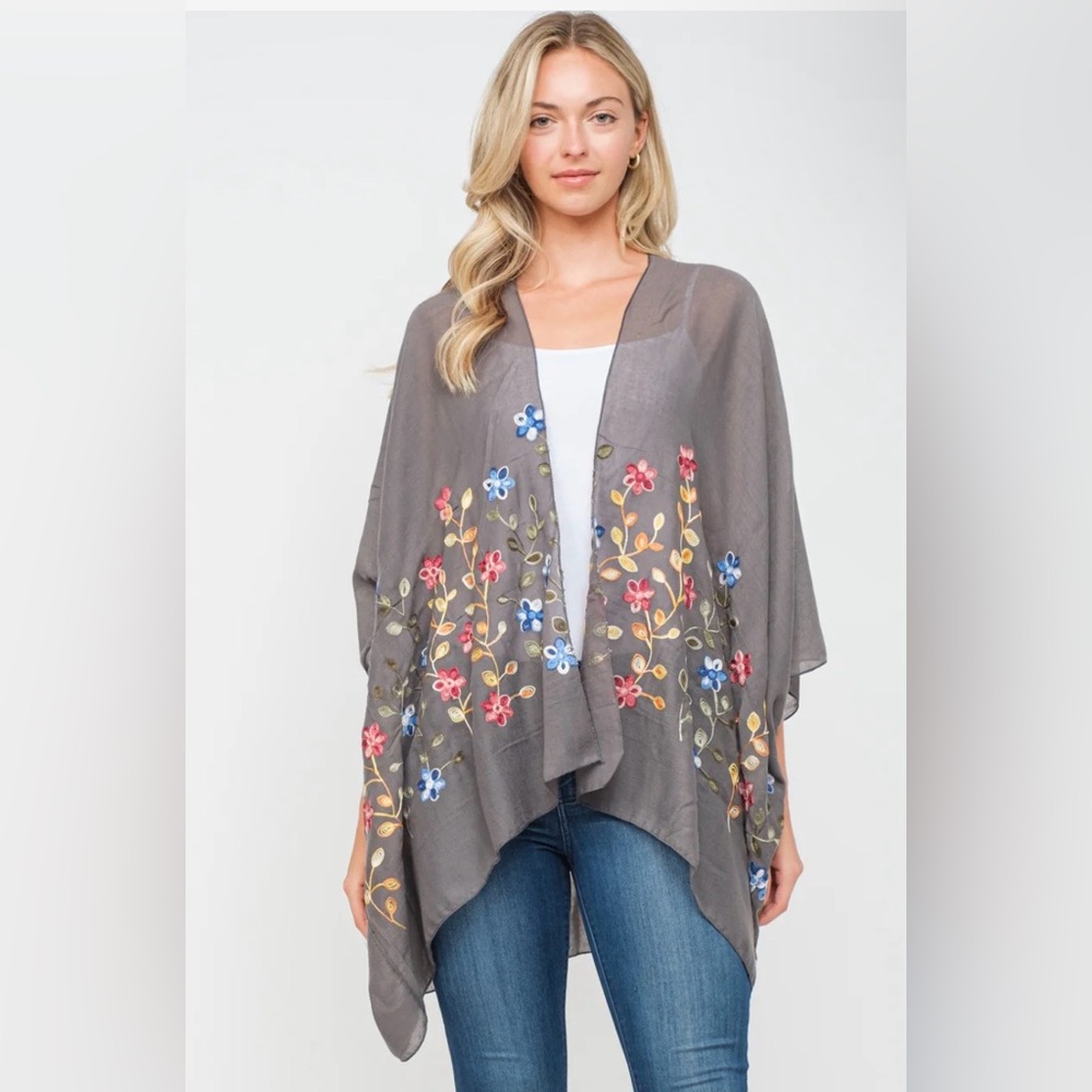 Raj Gray Embroidered Floral Kimono Cape, NWOT